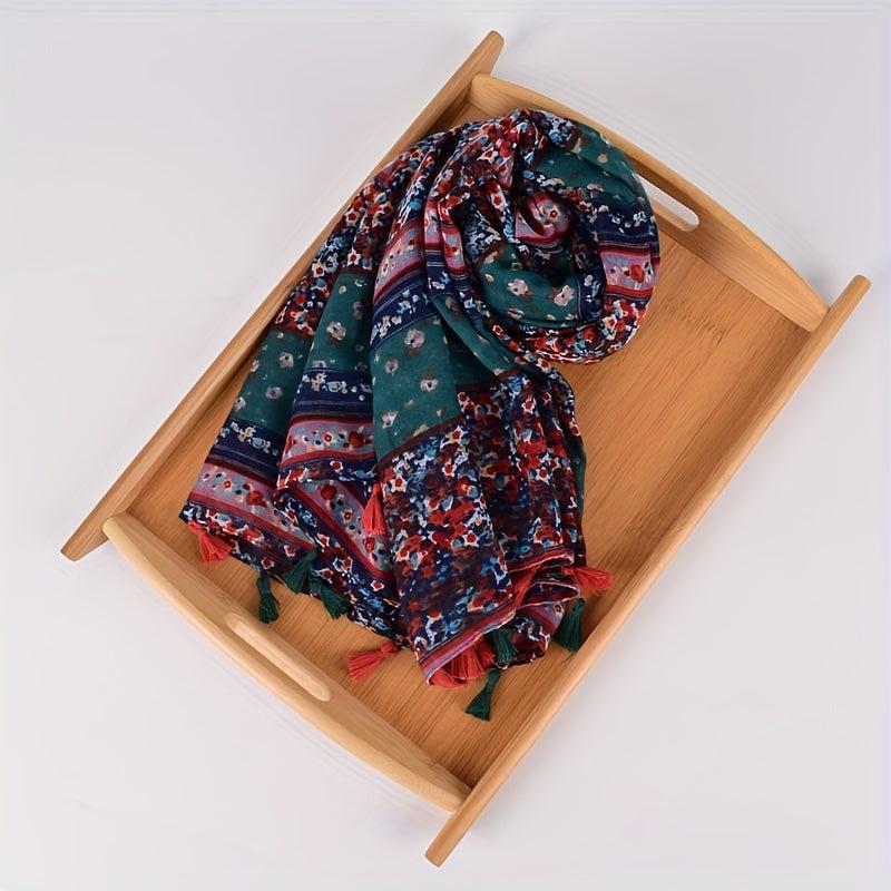 Boho Floral Print Tassel Scarf Block Shawl