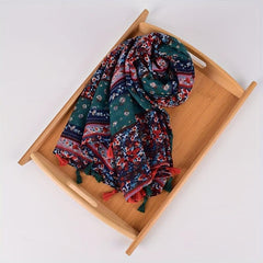 Boho Floral Print Tassel Scarf Block Shawl