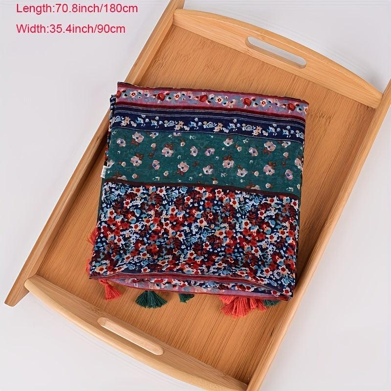 Boho Floral Print Tassel Scarf Block Shawl
