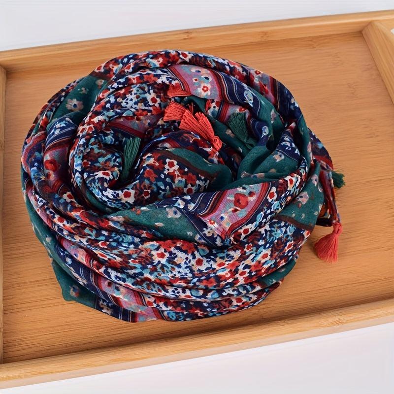 Boho Floral Print Tassel Scarf Block Shawl