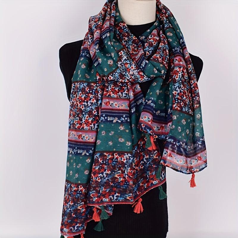 Boho Floral Print Tassel Scarf Block Shawl
