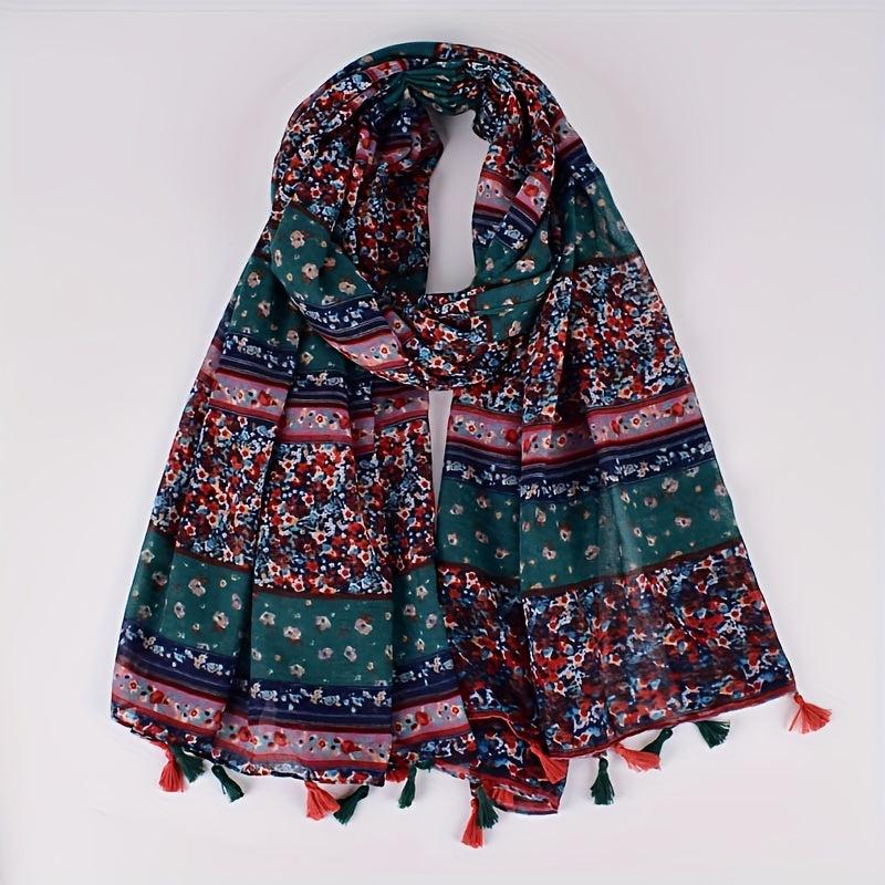 Boho Floral Print Tassel Scarf Block Shawl