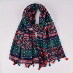 Boho Floral Print Tassel Scarf Block Shawl