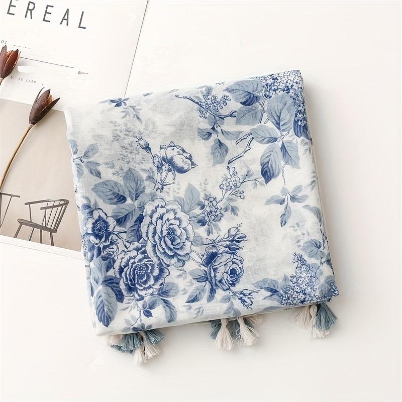 Ink Painting Flower Print Scarf Classic Tassel Shawl Windproof Head Wrap