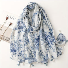 Ink Painting Flower Print Scarf Classic Tassel Shawl Windproof Head Wrap