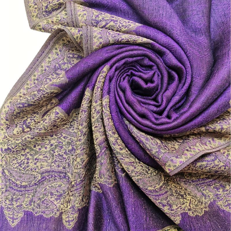 Large Tassel Scarf Violet Paisley Jacquard Vintage Shawl