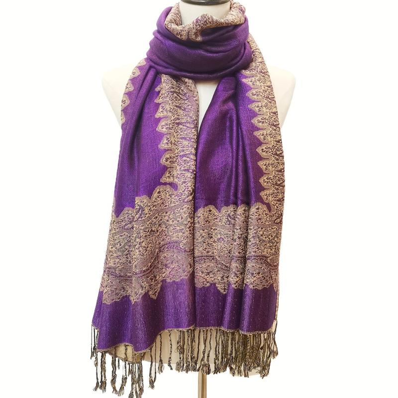 Large Tassel Scarf Violet Paisley Jacquard Vintage Shawl