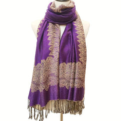 Large Tassel Scarf Violet Paisley Jacquard Vintage Shawl