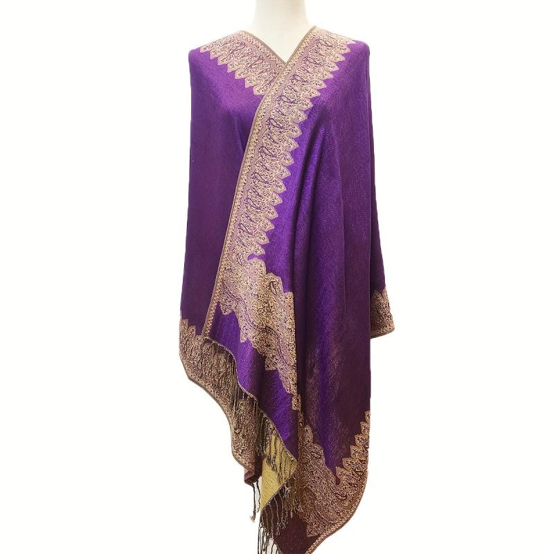 Large Tassel Scarf Violet Paisley Jacquard Vintage Shawl