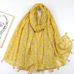 Floral Print Scarf Tassel Shawl Head Wrap Sunscreen Windproof Beach Towel