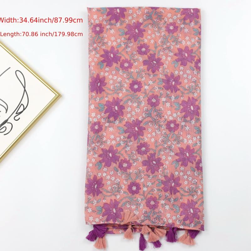 Floral Print Scarf Tassel Shawl Head Wrap Sunscreen Windproof Beach Towel