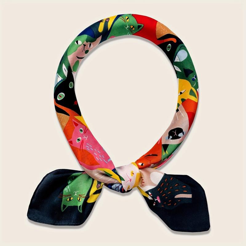 70cm Cartoon Cat Print Square Scarf Silk Shawl Women Head Wrap Satin Bandana