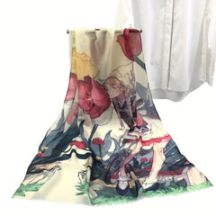 Flower & Anime Character Print Raw Trim Scarf Casual Shawl Wrap