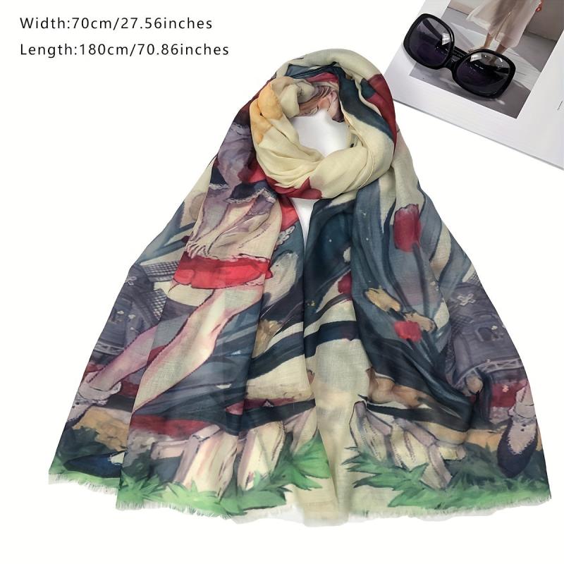 Flower & Anime Character Print Raw Trim Scarf Casual Shawl Wrap