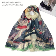 Flower & Anime Character Print Raw Trim Scarf Casual Shawl Wrap