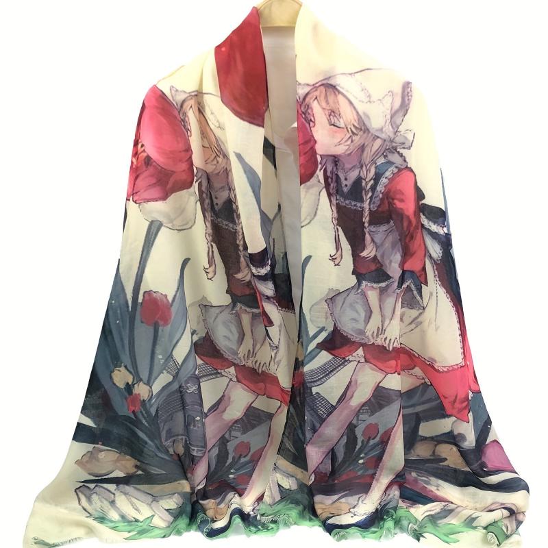 Flower & Anime Character Print Raw Trim Scarf Casual Shawl Wrap
