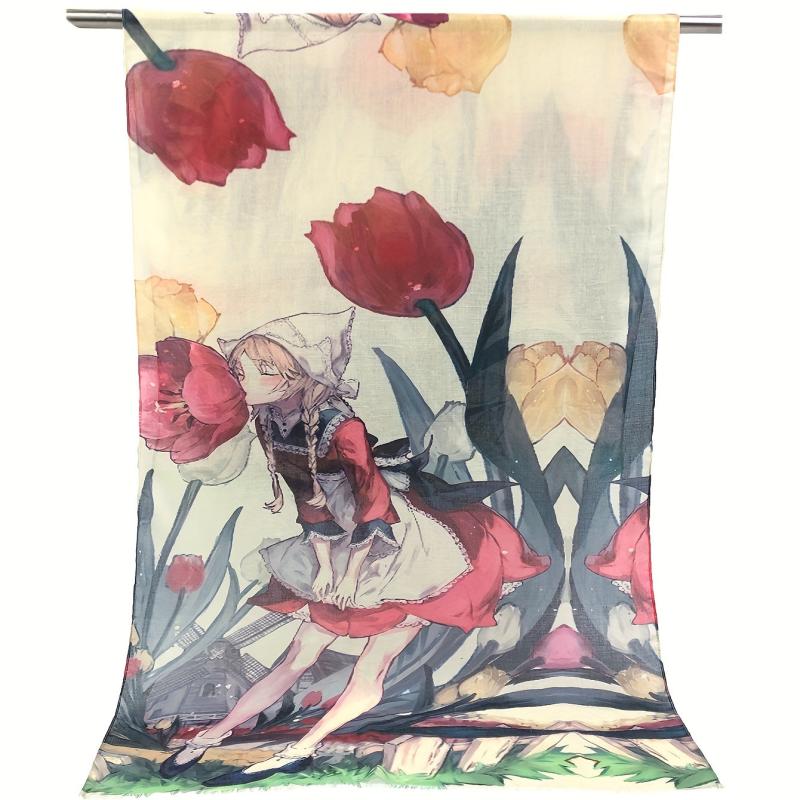 Flower & Anime Character Print Raw Trim Scarf Casual Shawl Wrap