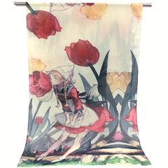 Flower & Anime Character Print Raw Trim Scarf Casual Shawl Wrap