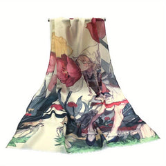 Flower & Anime Character Print Raw Trim Scarf Casual Shawl Wrap