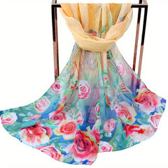 Peacock Floral Print Silk Scarf Wrap Casual Head Wrap Gift For Mother's