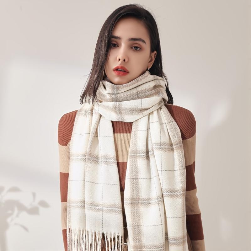 Cashmere Plaid Scarf Warm Checked Scarves For Women Soft Thick Shawls