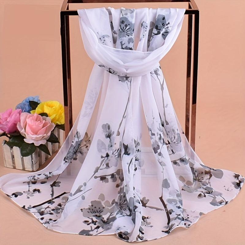 Flower Branch Print Chiffon Scarf Breathable Shawl Women Windproof Head Wrap