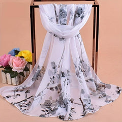 Flower Branch Print Chiffon Scarf Breathable Shawl Women Windproof Head Wrap