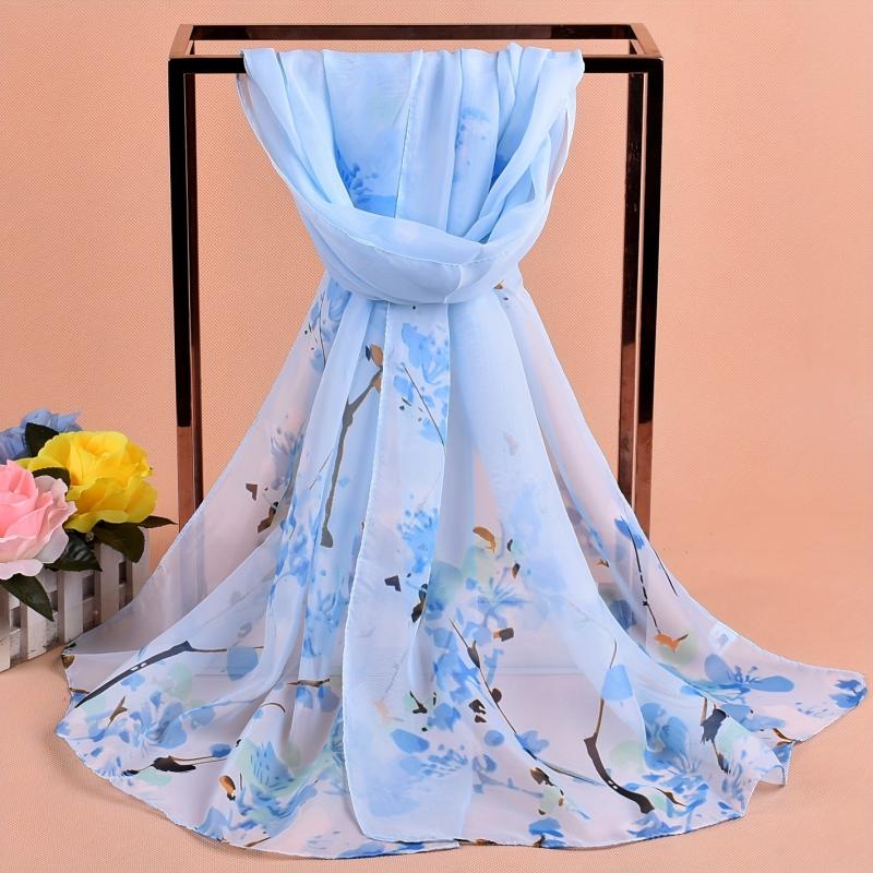 Flower Branch Print Chiffon Scarf Breathable Shawl Women Windproof Head Wrap