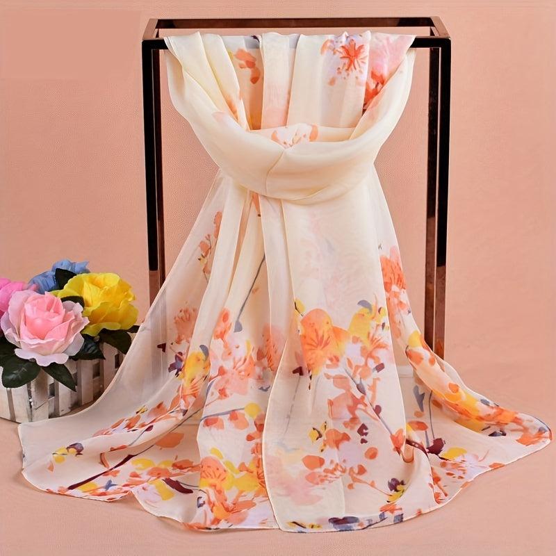 Flower Branch Print Chiffon Scarf Breathable Shawl Women Windproof Head Wrap