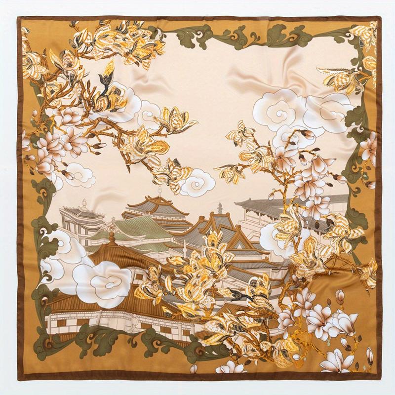 Vintage Palace Garden Plum Blossom Print Bandana Satin Large Square Scarf