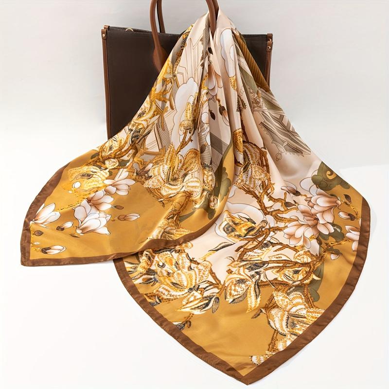 Vintage Palace Garden Plum Blossom Print Bandana Satin Large Square Scarf