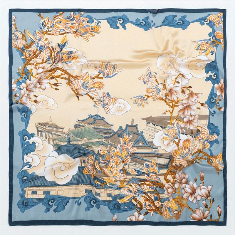 Vintage Palace Garden Plum Blossom Print Bandana Satin Large Square Scarf