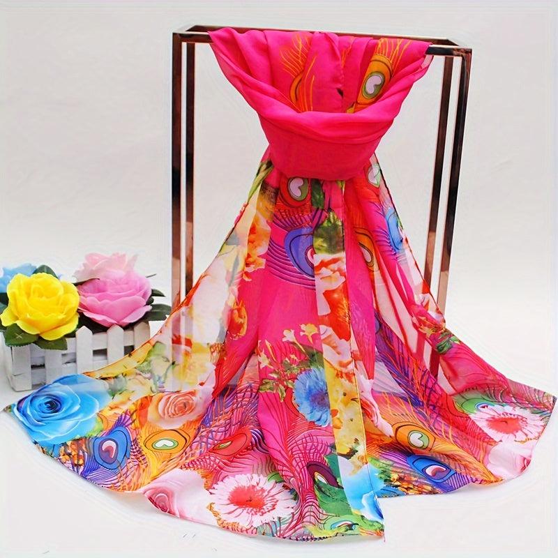 Peacock Feather Chiffon Scarf Boho Sunscreen Shawl