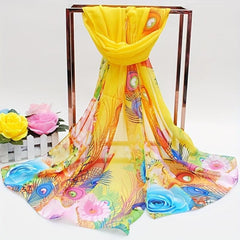 Peacock Feather Chiffon Scarf Boho Sunscreen Shawl
