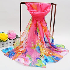 Peacock Feather Chiffon Scarf Boho Sunscreen Shawl