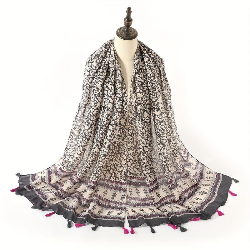 Boho Floral Print Tassel Scarf Block Shawl Hijab Sunscreen Towel