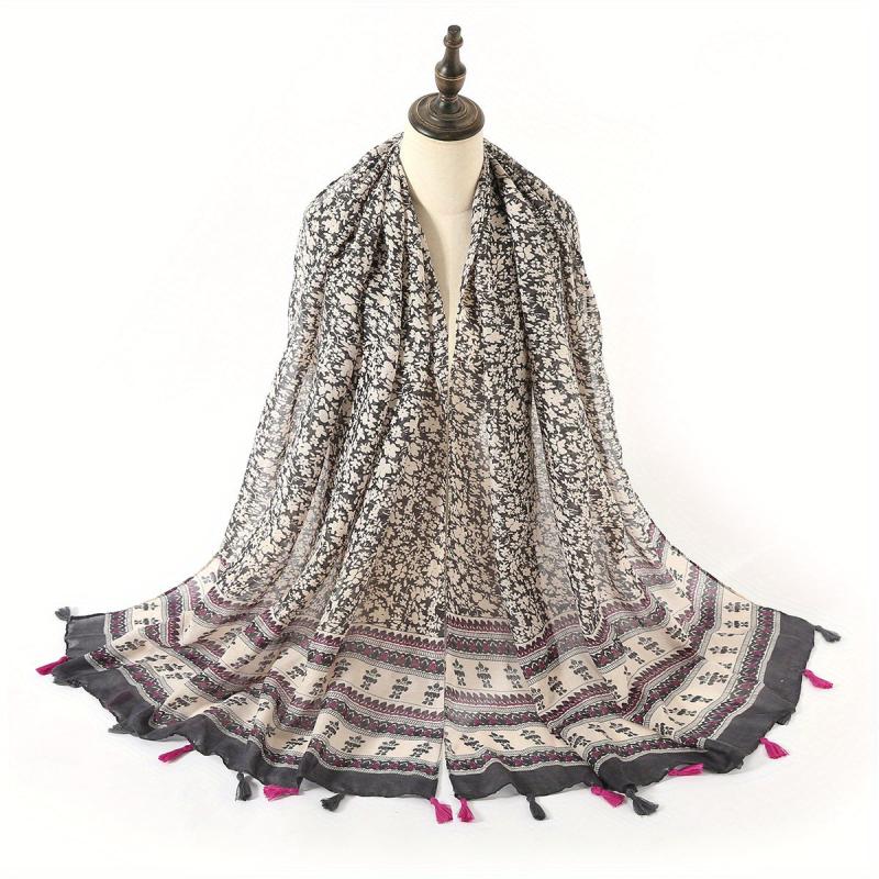 Boho Floral Print Tassel Scarf Block Shawl Hijab Sunscreen Towel