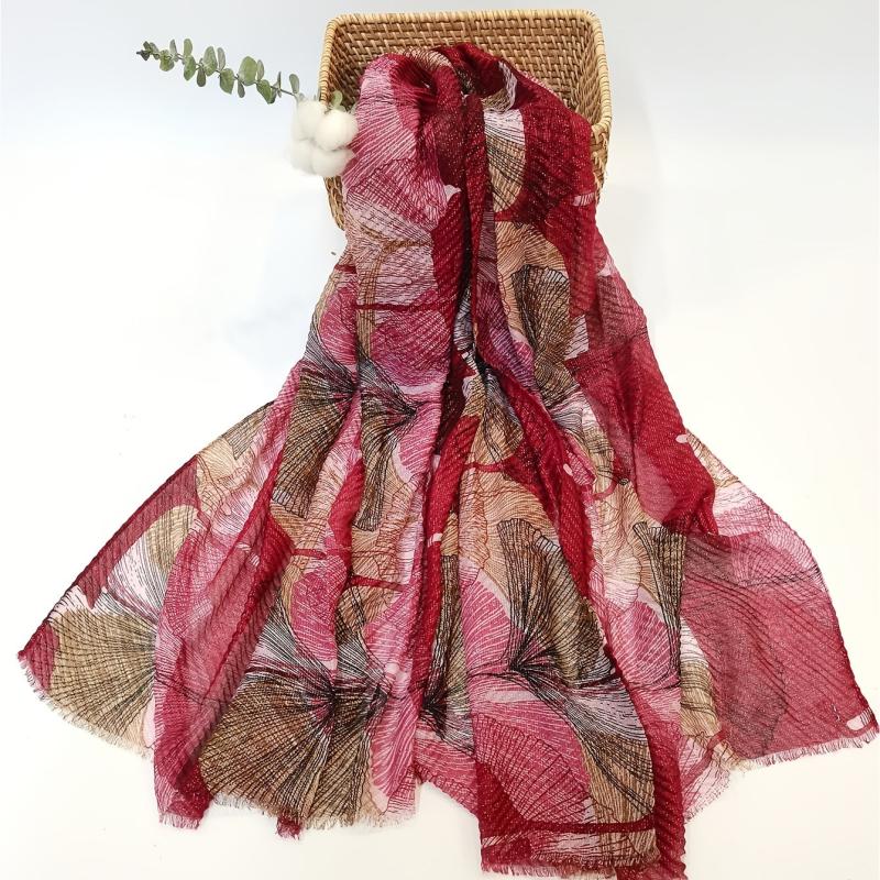 Vintage Scarf Ginkgo Print Voile Shawl Frayed Edge Head Wrap Beach Towel