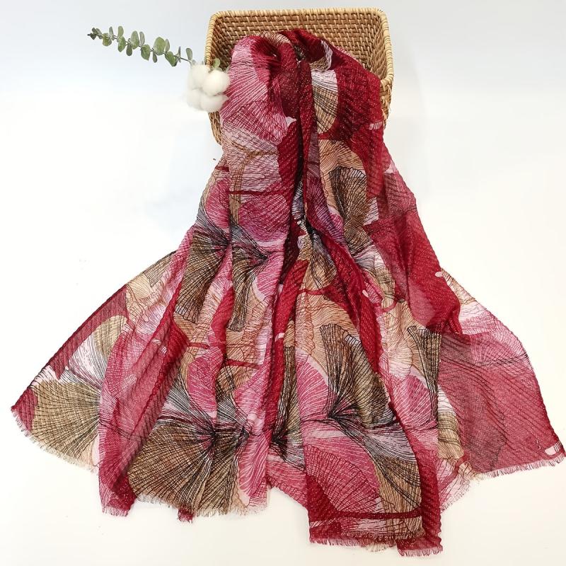 Vintage Scarf Ginkgo Print Voile Shawl Frayed Edge Head Wrap Beach Towel