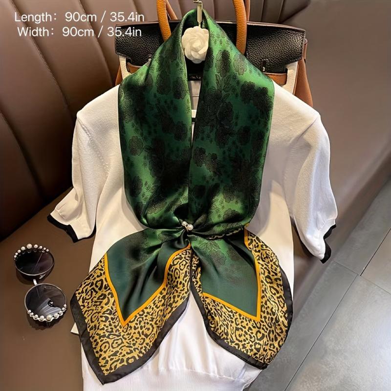 Green Rose Print Satin Square Scarf Bandana