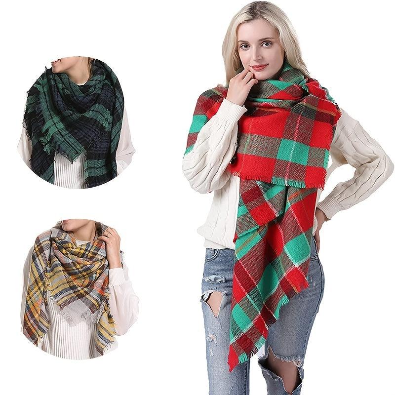 Colorful Big Plaid Scarf Women Lightweight Warm Fall Blanket Oversized Shawl