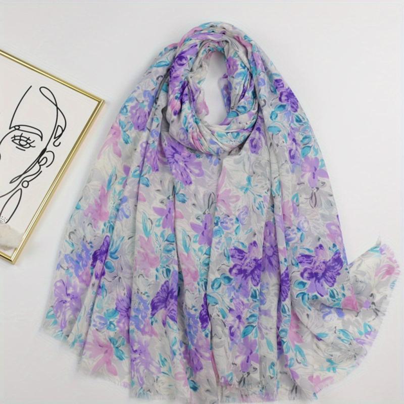 Floral Print Raw Trim Scarf Shawl Casual Head Wrap