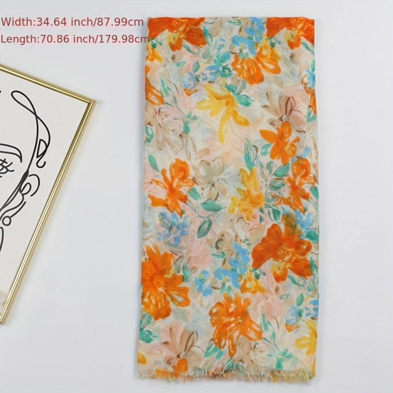 Floral Print Raw Trim Scarf Shawl Casual Head Wrap