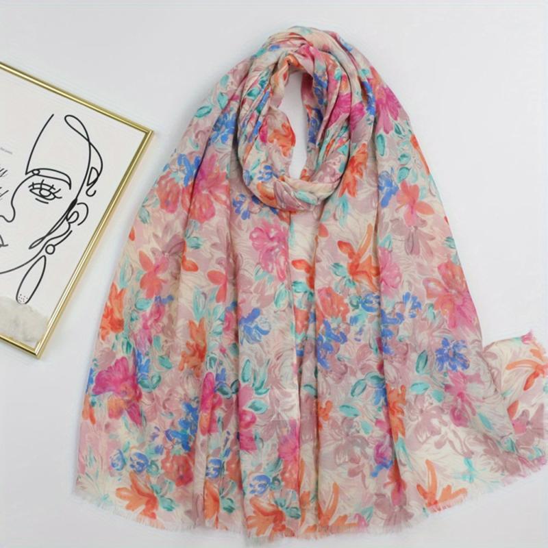 Floral Print Raw Trim Scarf Shawl Casual Head Wrap