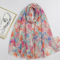 Floral Print Raw Trim Scarf Shawl Casual Head Wrap