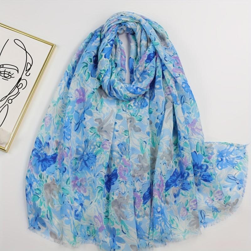 Floral Print Raw Trim Scarf Shawl Casual Head Wrap