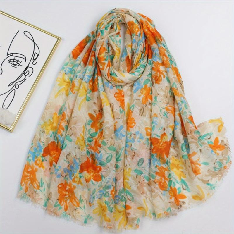 Floral Print Raw Trim Scarf Shawl Casual Head Wrap