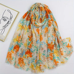Floral Print Raw Trim Scarf Shawl Casual Head Wrap