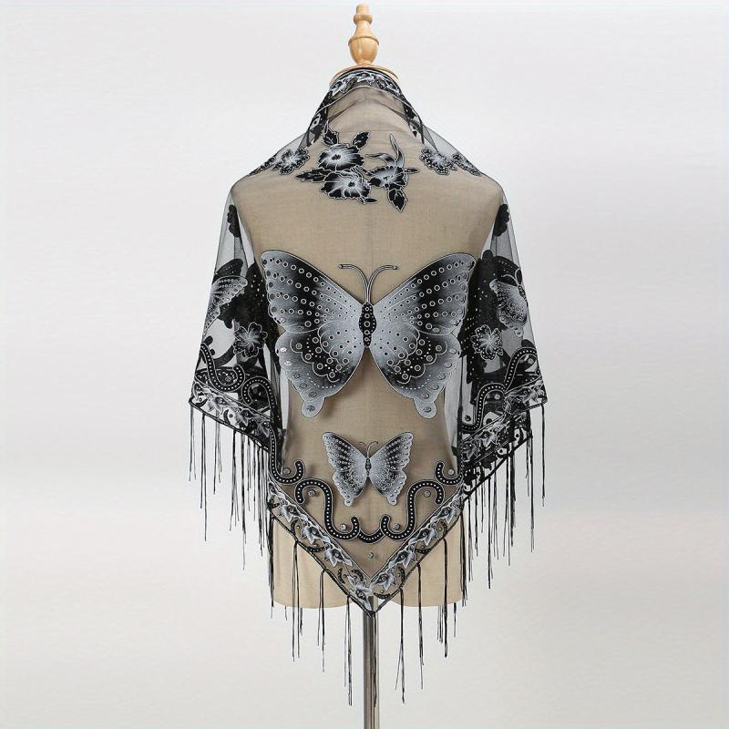 Flower & Butterfly Lace Triangle Scarf Embroidered Shawl