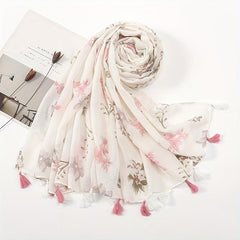 Flower Print Tassel Scarf Casual Shawl Women Head Wrap